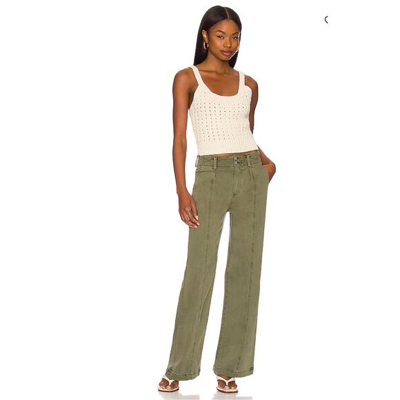 PAIGE Pants - Paige Pants 31 Brooklyn Vintage Green High Rise Wide Leg Cropped Pleated Casual